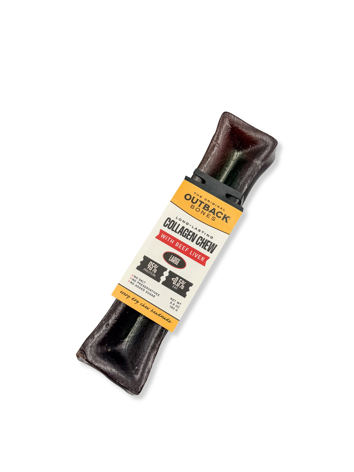 Outback Bones Collagen Chew with beef liver, large, dark chew in a card tag, seen from above