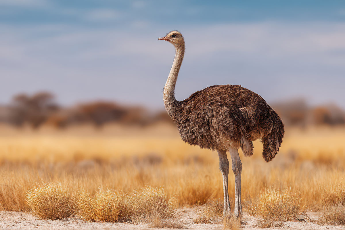 An ostrich standing in dry savanna grass in South Africa.