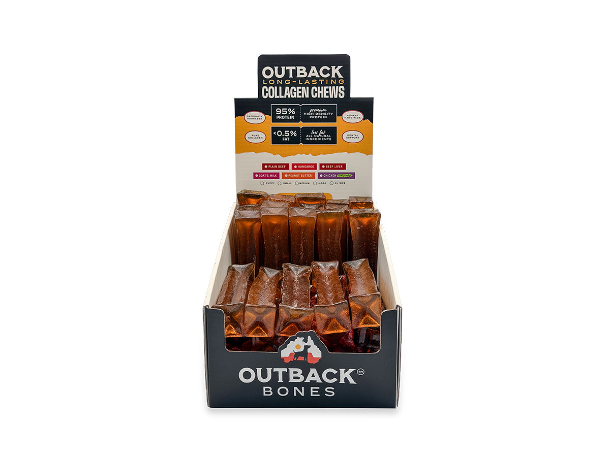 Front of an Outback Bones Collagen Chews display box filled with brown plain beef chews