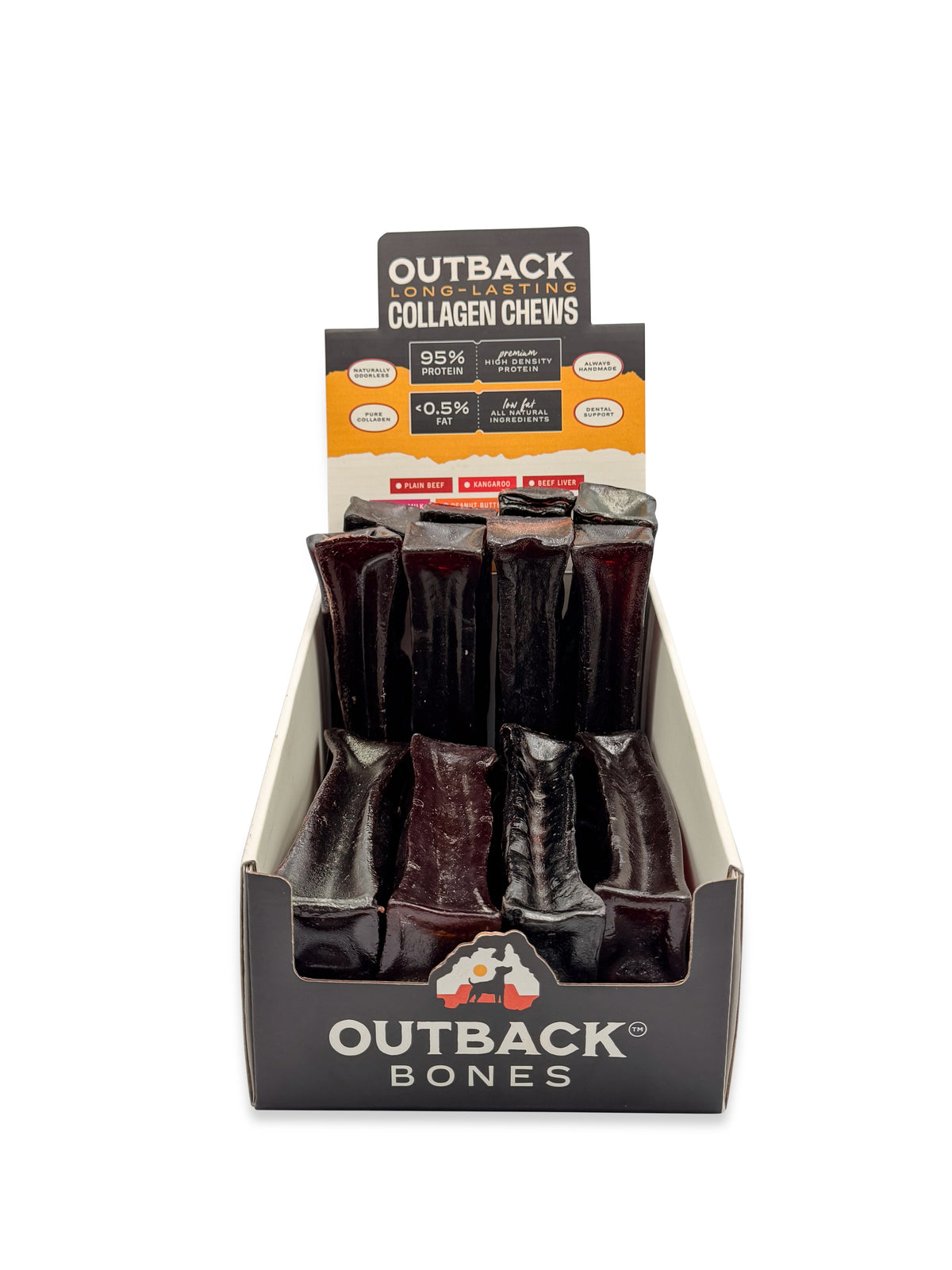 Front view of an open Outback Bones retail box packed with dark tagged collagen chews