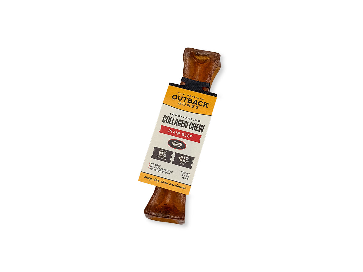 Plain beef collagen chew standing upright with an Outback Bones card tag, on a white background