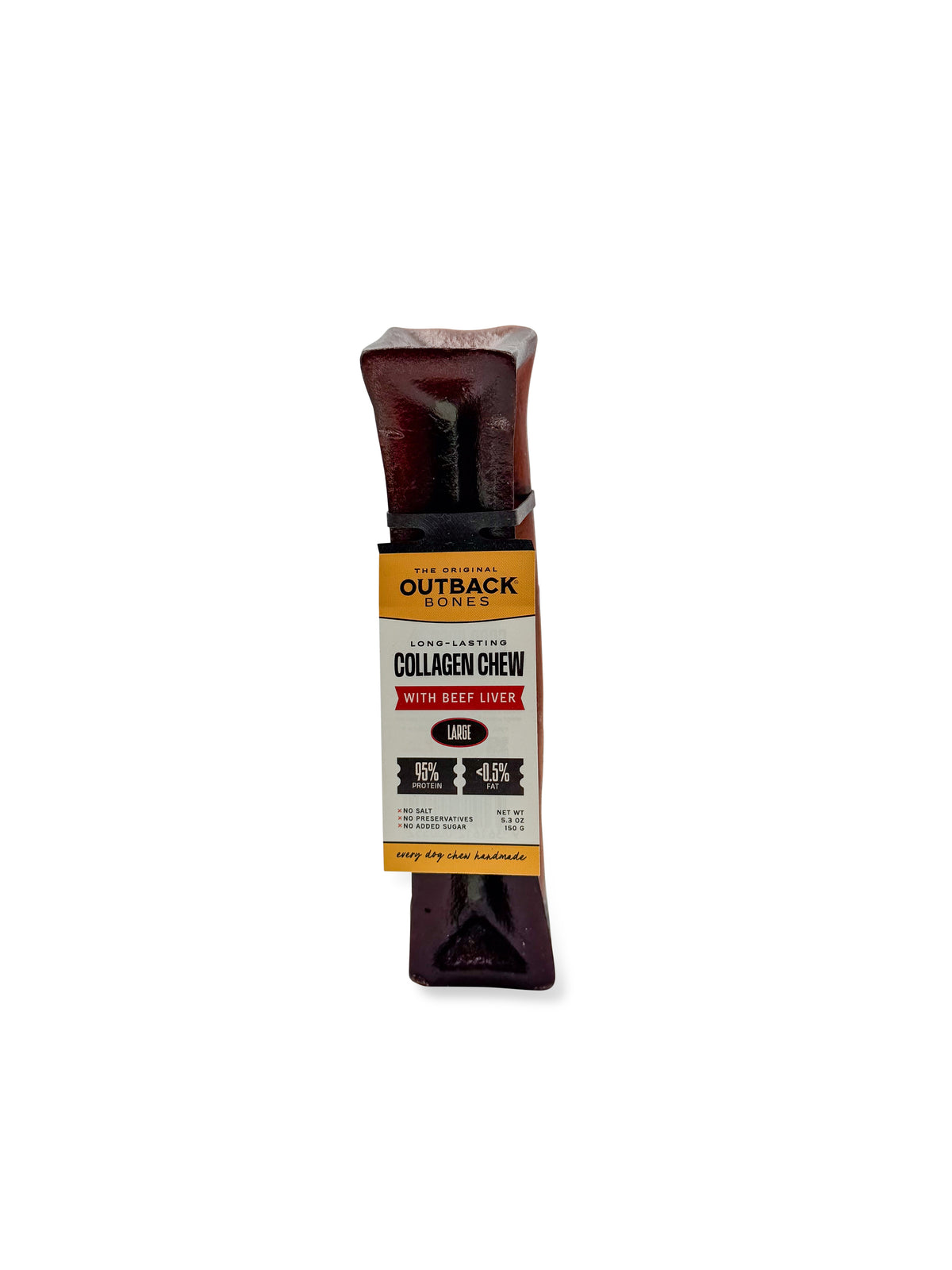Outback Bones Collagen Chew with beef liver, large, banded with a cream and yellow card tag, on white