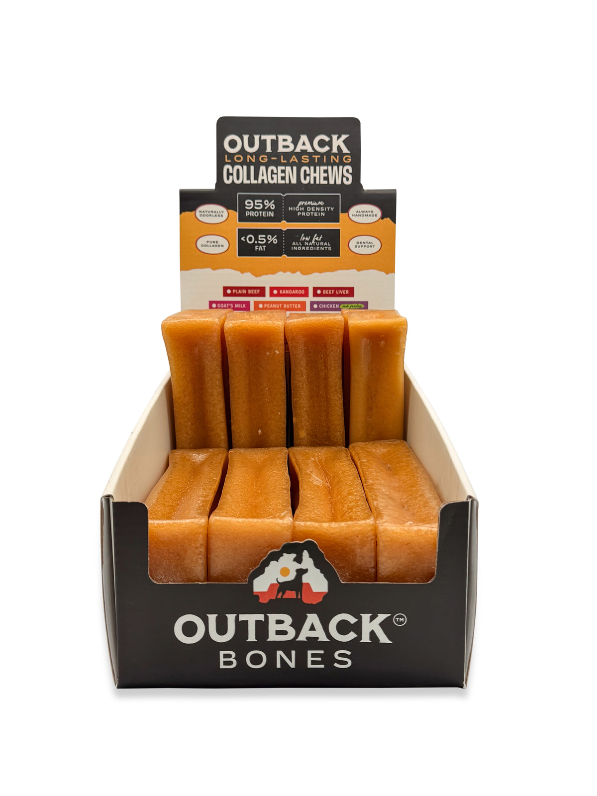 Front view of an Outback Bones retail box filled with golden collagen chews