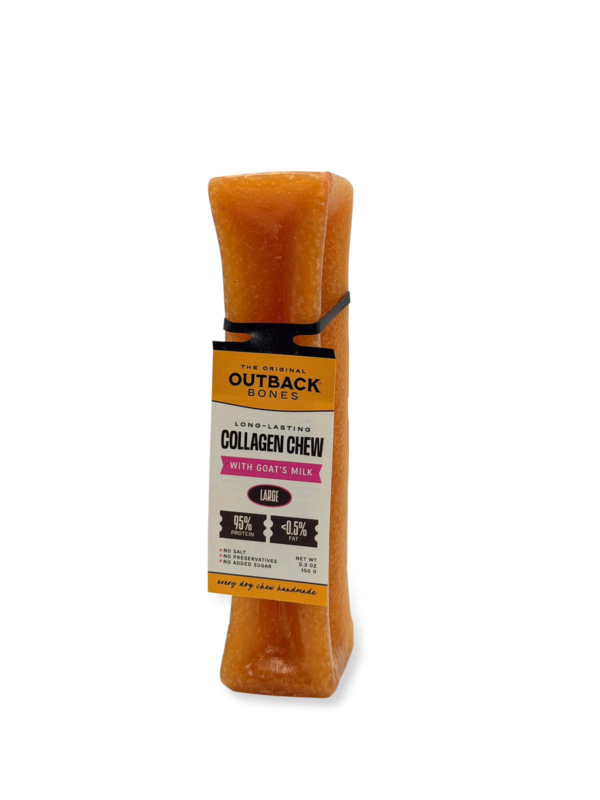 Orange goat's milk collagen chew standing upright with an Outback Bones card tag, on white