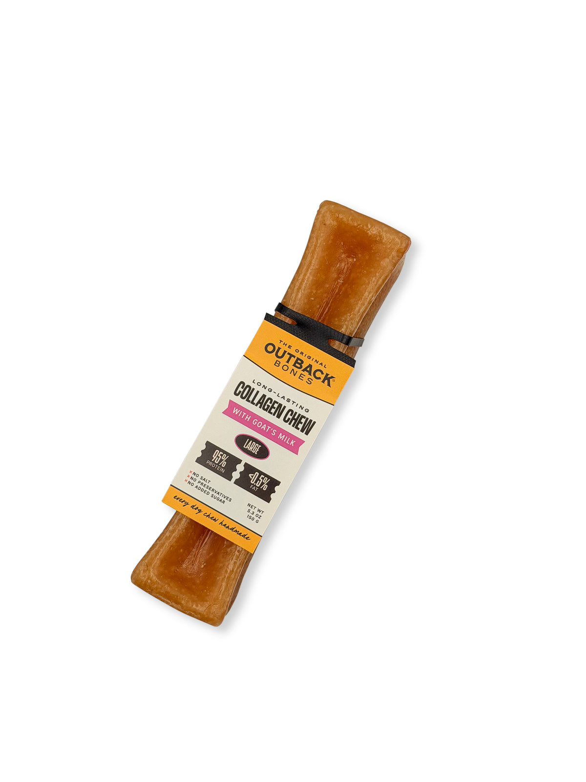 Goat's milk collagen chew seen from above with its Outback Bones card tag, on white