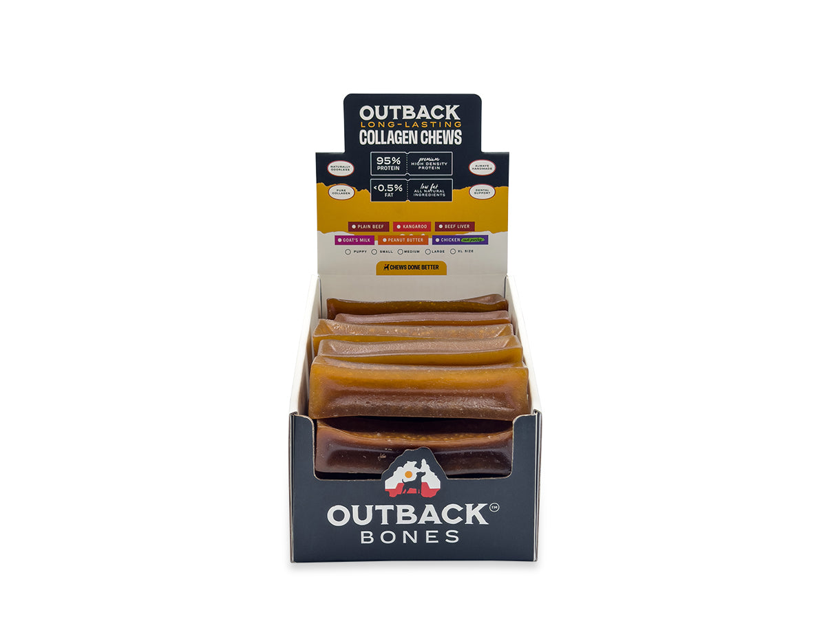 Front of an Outback Bones Collagen Chews display box packed with amber peanut butter chews
