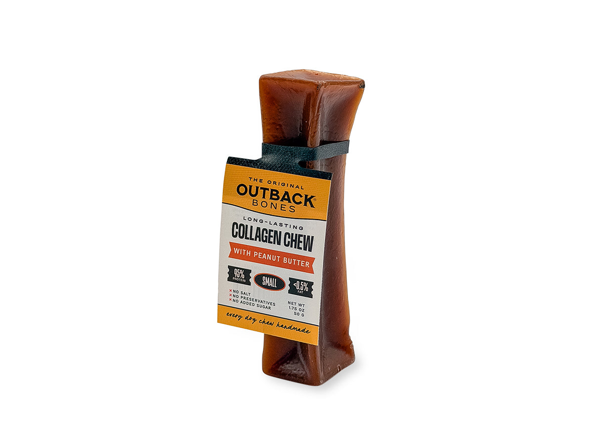 Peanut butter collagen chew, small size, standing upright with an Outback Bones card tag