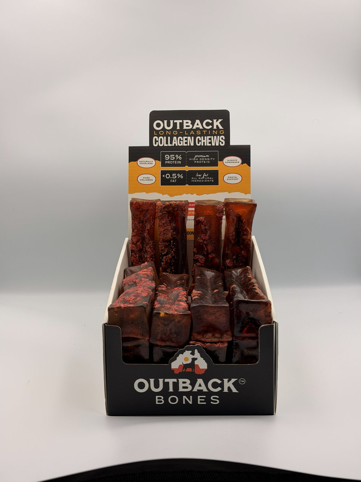 Outback Bones wholesale display case of maple bacon collagen chews, straight on